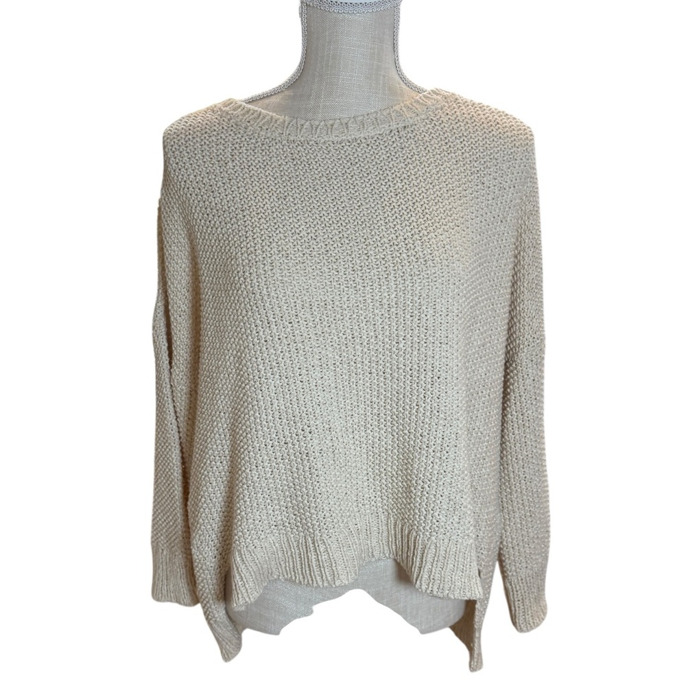 EILEEN FISHER Cotton Linen Blend 3/4 Length Sleeve Open Knit Sweater Pullover LG